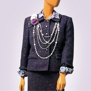 TAHARI Sparkle Tweed Plaid Purple Petite Jacket Blazer Skirt Suit